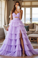 Load image into Gallery viewer, Purple Tulle Tiered A Line Long Prom Dress with Slit