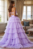 Load image into Gallery viewer, Purple Tulle Tiered A Line Long Prom Dress with Slit