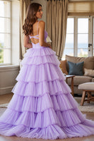 Load image into Gallery viewer, Purple Tulle Tiered A Line Long Prom Dress with Slit