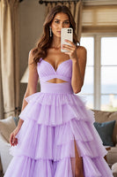 Load image into Gallery viewer, Purple Tulle Tiered A Line Long Prom Dress with Slit