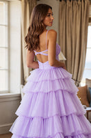 Load image into Gallery viewer, Purple Tulle Tiered A Line Long Prom Dress with Slit