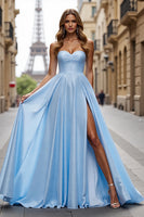Load image into Gallery viewer, Blue Satin A Line Sweetheart Long Prom Dress with Slit