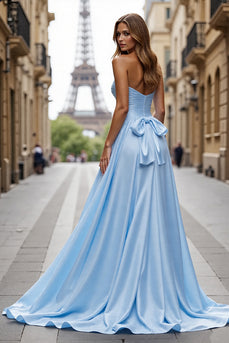 Blue Satin A Line Sweetheart Long Prom Dress with Slit