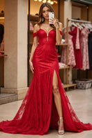 Load image into Gallery viewer, Red Lace Corset Mermaid Long Prom Dress with Slit