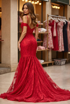 Red Lace Corset Mermaid Long Prom Dress with Slit