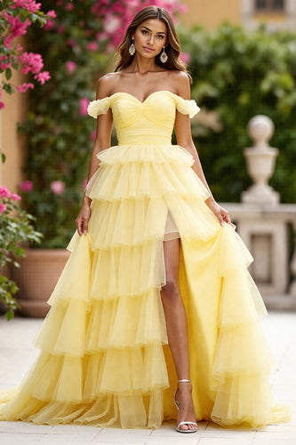Yellow Tulle Ball Gown Tiered Long Prom Dress with Slit