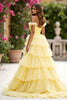 Load image into Gallery viewer, Yellow Tulle Ball Gown Tiered Long Prom Dress with Slit