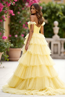 Yellow Tulle Ball Gown Tiered Long Prom Dress with Slit