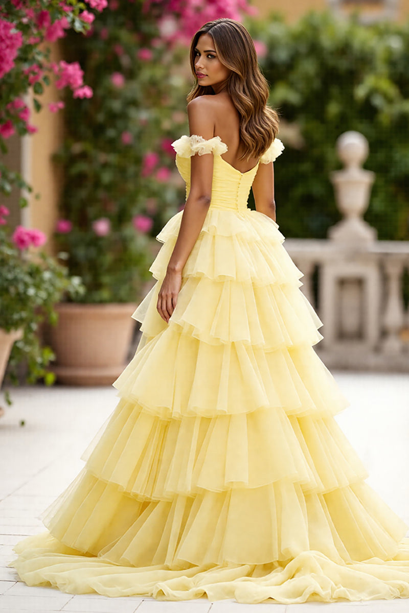 Load image into Gallery viewer, Yellow Tulle Ball Gown Tiered Long Prom Dress with Slit