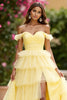 Load image into Gallery viewer, Yellow Tulle Ball Gown Tiered Long Prom Dress with Slit
