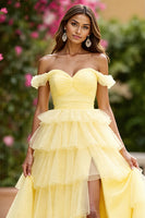 Load image into Gallery viewer, Yellow Tulle Ball Gown Tiered Long Prom Dress with Slit