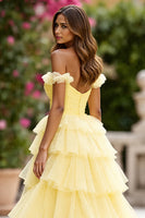 Load image into Gallery viewer, Yellow Tulle Ball Gown Tiered Long Prom Dress with Slit