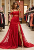 Load image into Gallery viewer, Red Cold Shoulder Long Lace Prom Dress with Slit
