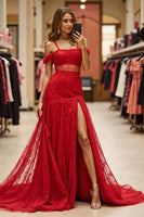 Load image into Gallery viewer, Red Cold Shoulder Long Lace Prom Dress with Slit