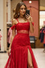 Load image into Gallery viewer, Red Cold Shoulder Long Lace Prom Dress with Slit