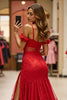 Load image into Gallery viewer, Red Cold Shoulder Long Lace Prom Dress with Slit