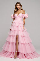 Load image into Gallery viewer, Pink Floral Tulle A Line Long Prom Dress with Slit