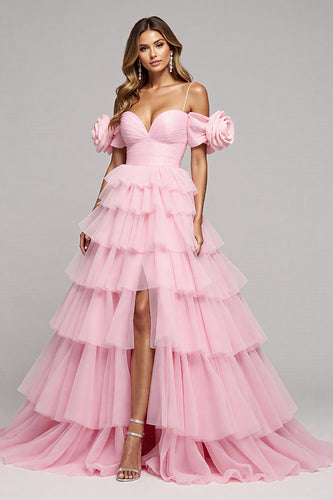 Pink Floral Tulle A Line Long Prom Dress with Slit