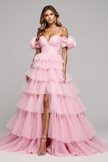 Pink Floral Tulle A Line Long Prom Dress with Slit