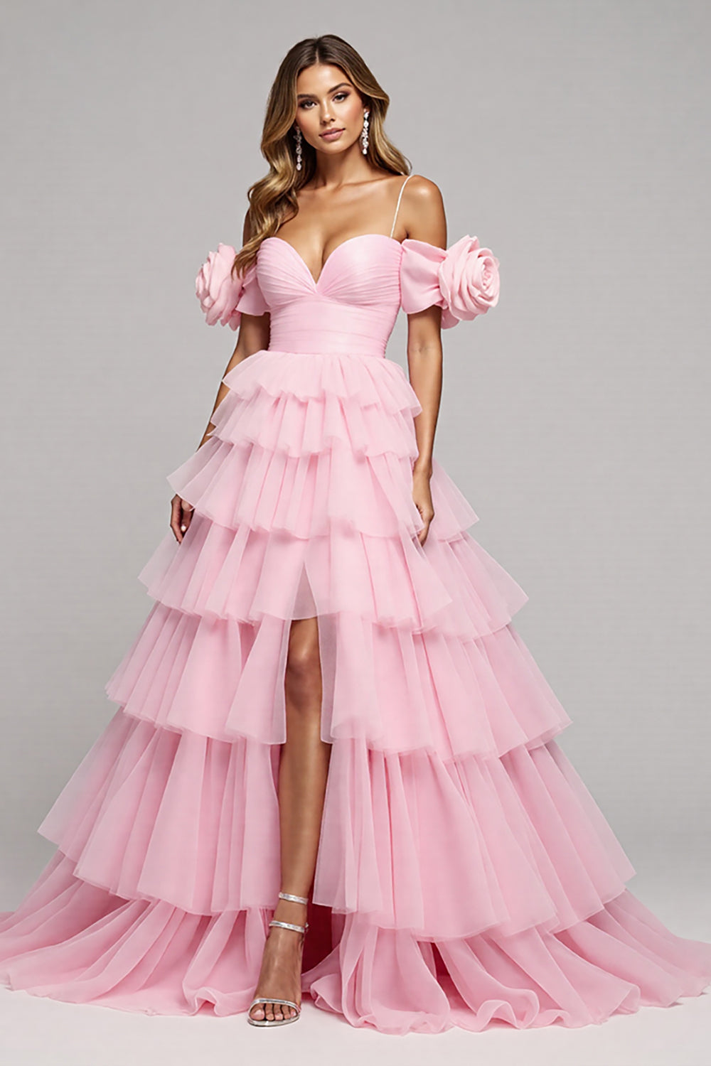 Pink Floral Tulle A Line Long Prom Dress with Slit