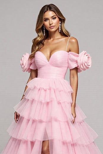 Pink Floral Tulle A Line Long Prom Dress with Slit