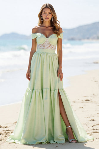 Green A Line Off the Shoulder Long Prom Dress with Slit