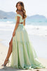 Load image into Gallery viewer, Green A Line Off the Shoulder Long Prom Dress with Slit