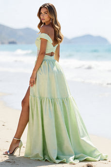 Green A Line Off the Shoulder Long Prom Dress with Slit