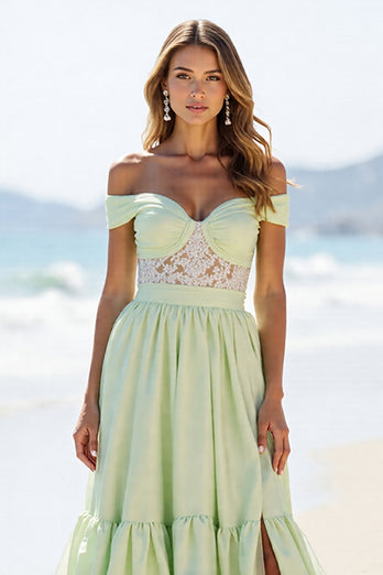 Green A Line Off the Shoulder Long Prom Dress with Slit