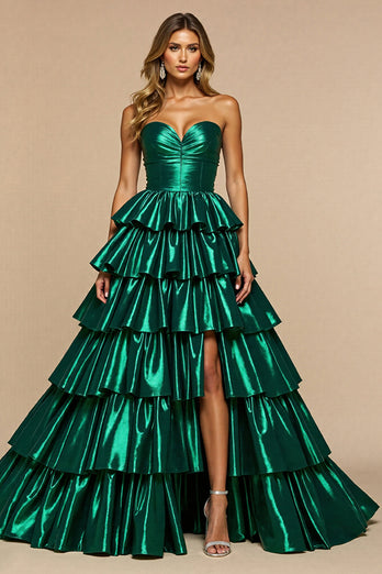 Dark Green A Line Satin Tiered Long Prom Dress with Slit