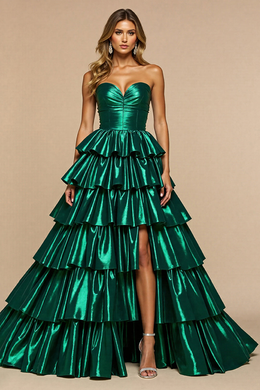 Dark Green A Line Satin Tiered Long Prom Dress with Slit