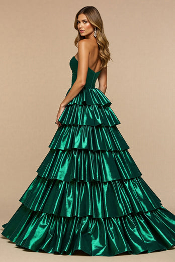 Dark Green A Line Satin Tiered Long Prom Dress with Slit