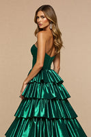 Load image into Gallery viewer, Dark Green A Line Satin Tiered Long Prom Dress with Slit