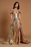 Load image into Gallery viewer, Golden A Line Metallic Ruffled Long Prom Dress with Slit
