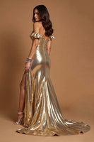 Load image into Gallery viewer, Golden A Line Metallic Ruffled Long Prom Dress with Slit