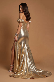 Golden A Line Metallic Ruffled Long Prom Dress with Slit