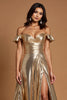 Load image into Gallery viewer, Golden A Line Metallic Ruffled Long Prom Dress with Slit
