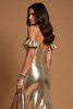 Load image into Gallery viewer, Golden A Line Metallic Ruffled Long Prom Dress with Slit