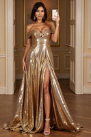 Load image into Gallery viewer, Golden A Line Metallic Long Prom Dress with Slit