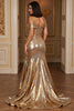 Load image into Gallery viewer, Golden A Line Metallic Long Prom Dress with Slit