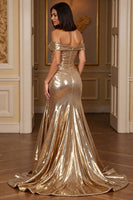 Load image into Gallery viewer, Golden A Line Metallic Long Prom Dress with Slit