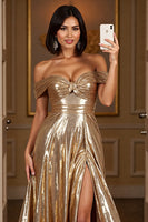 Load image into Gallery viewer, Golden A Line Metallic Long Prom Dress with Slit