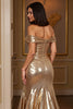 Load image into Gallery viewer, Golden A Line Metallic Long Prom Dress with Slit