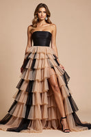 Load image into Gallery viewer, Black and Pink Tulle A Line Long Prom Dress with Slit