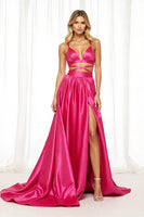 Load image into Gallery viewer, Fuchsia Satin A Line Long Prom Dress with Slit