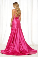 Load image into Gallery viewer, Fuchsia Satin A Line Long Prom Dress with Slit