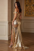 Load image into Gallery viewer, Metallic Golden Sheath Long Prom Dress with Slit