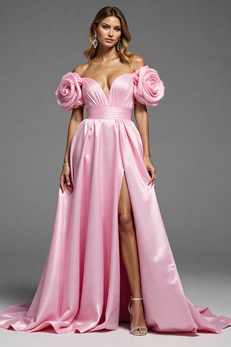Pink Satin Floral A Line Long Prom Dress with Slit