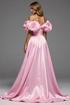 Pink Satin Floral A Line Long Prom Dress with Slit