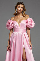 Load image into Gallery viewer, Pink Satin Floral A Line Long Prom Dress with Slit